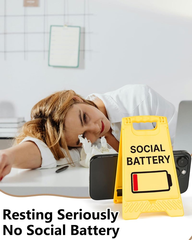 EXUBERIUM No Social Battery Funny Desk Sign Yellow Warning Style Acrylic Table Decor Gift for Coworkers Friends Home Office Workspace Tabletop Cubicle Phone Holder Mirror Stand - Image 4
